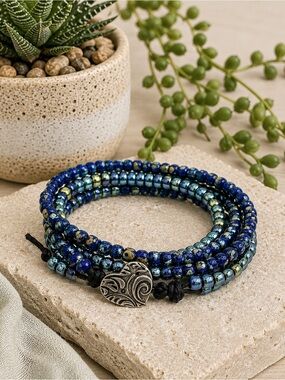 Hand Crafted Blue Beaded Wrap Bracelet with Silver Heart Button